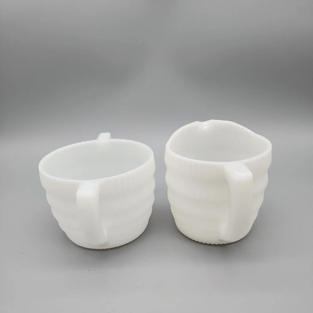 VTG Hazel Atlas Milk Glass Creamer & Sugar Beehive Fine Ribbed White Cira 1940's